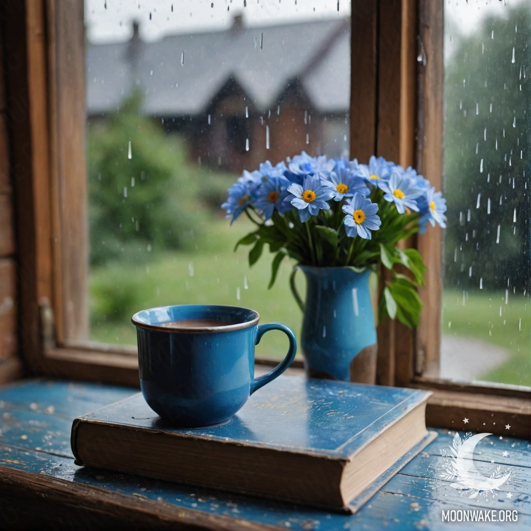 A weathered blue book resting on a wooden windowsill, accompanied by a blue metal mug filled with flowers, drenched by rain.