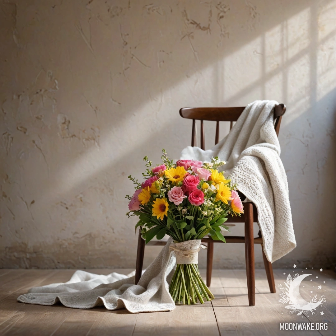 A Bouquet of Flowers on a Cozy Blanket A peaceful scene featuring a chair against a shabby wall with a blanket and bouquet of flowers illuminated by sunlight.