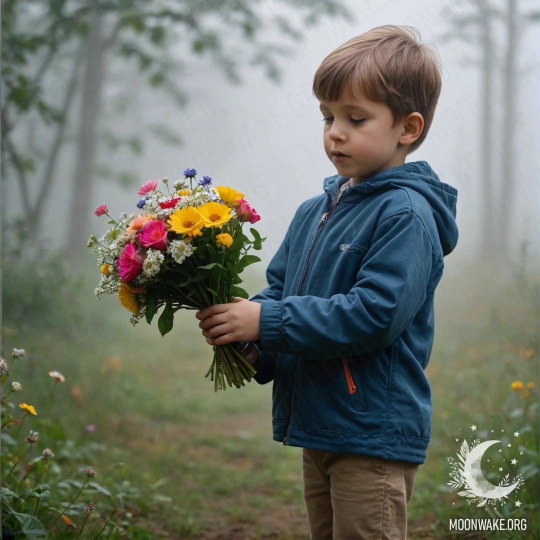 A child with bright eyes is sniffing a bouquet of flowers while surrounded by dense fog.