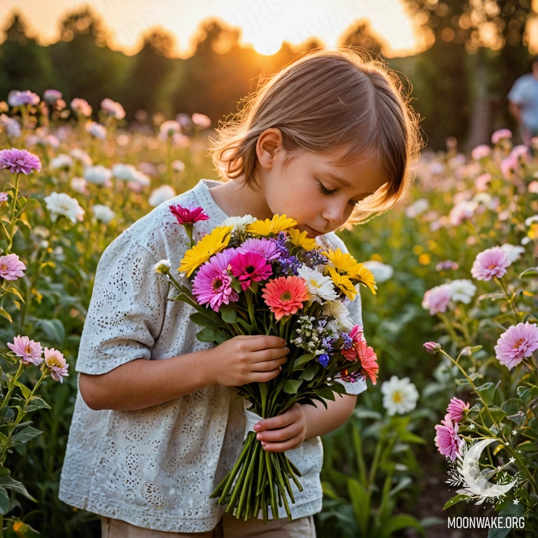 A Child's Delight in a Flower Bouquet at Sunset A child joyfully smelling a bouquet of vibrant flowers during sunset.