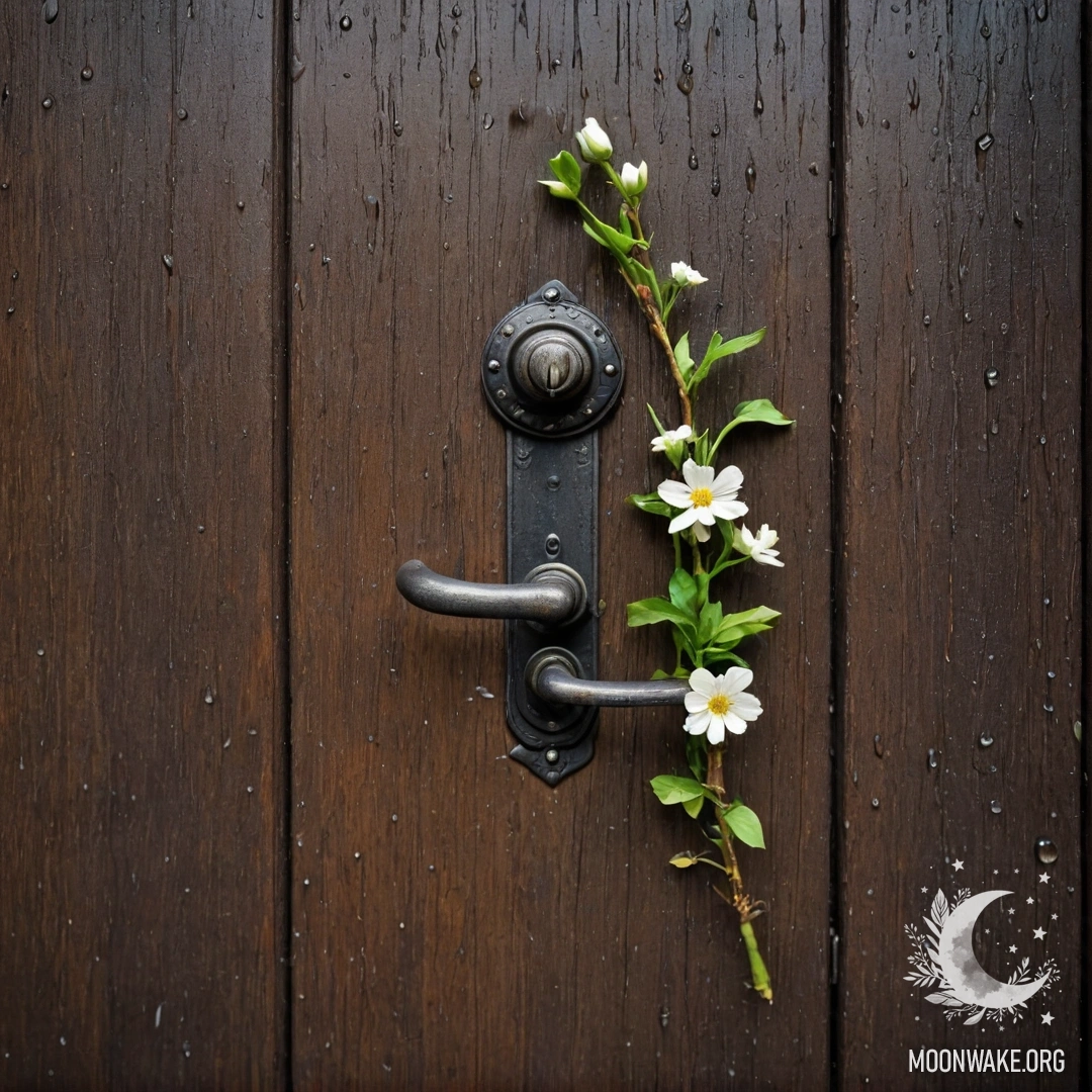 A weathered door with delicate twigs and flowers hanging from the handle, surrounded by rain.