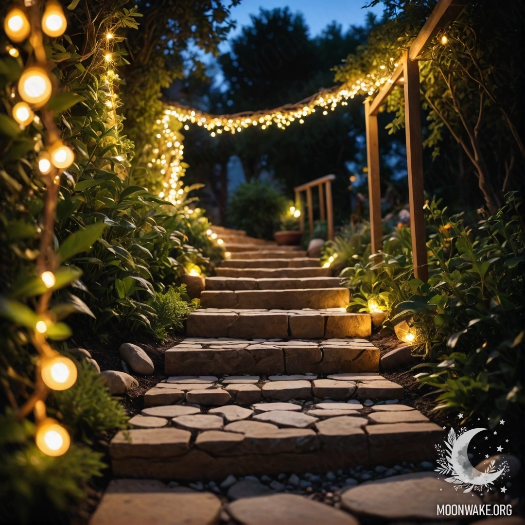 A Sweet Night Garden A beautiful garden at night featuring lights, a stone path, and a wooden staircase.