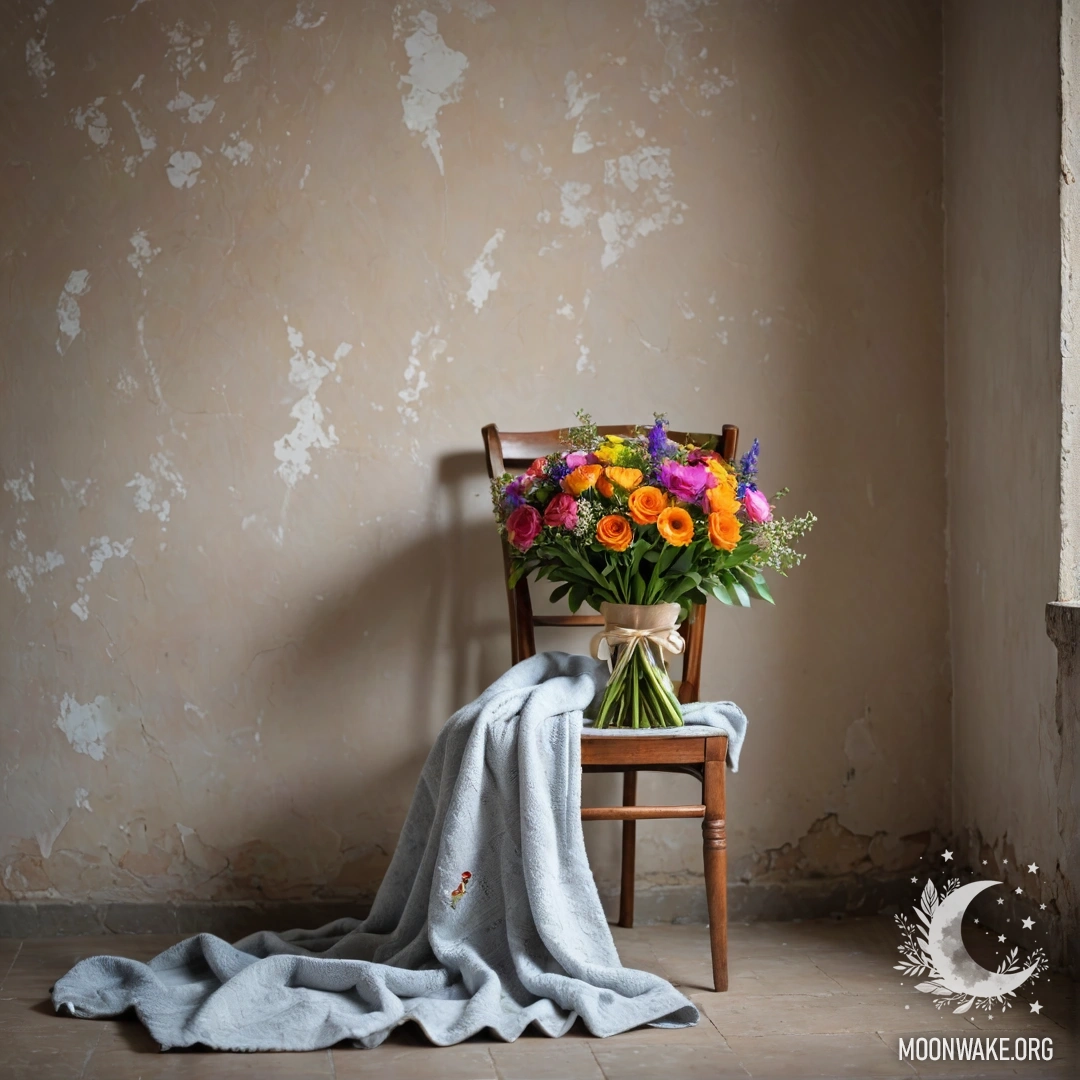 Abstract Chair with Flowers An abstract composition featuring a shabby wall, a chair with a blanket, and a bouquet of flowers resting on the blanket.