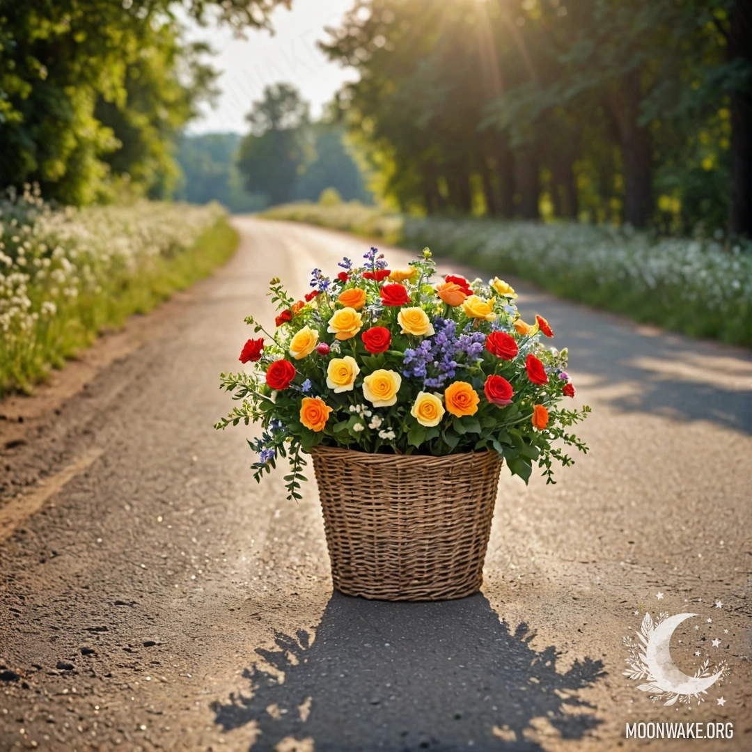 Abstract Dirt Road with Flowers A dirt road with a basket of flowers surrounded by trees in the background.