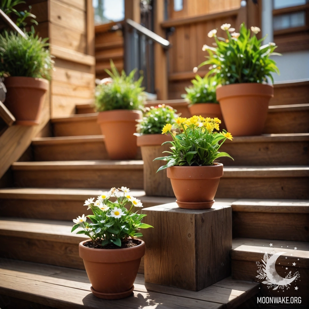 Abstract image of flowerpots arranged on a wooden staircase with a lens effect.