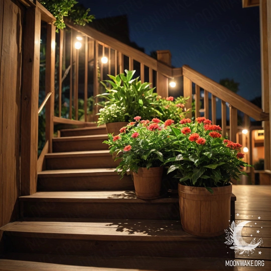 Abstract Floral Night on Wooden Staircase A wooden staircase illuminated at night with flowerpots adorning it.