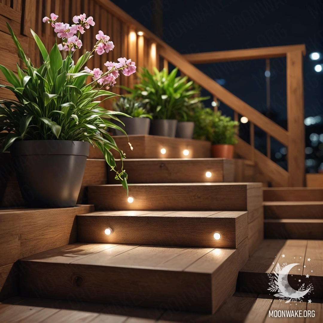 A wooden staircase adorned with flowerpots under the night sky.