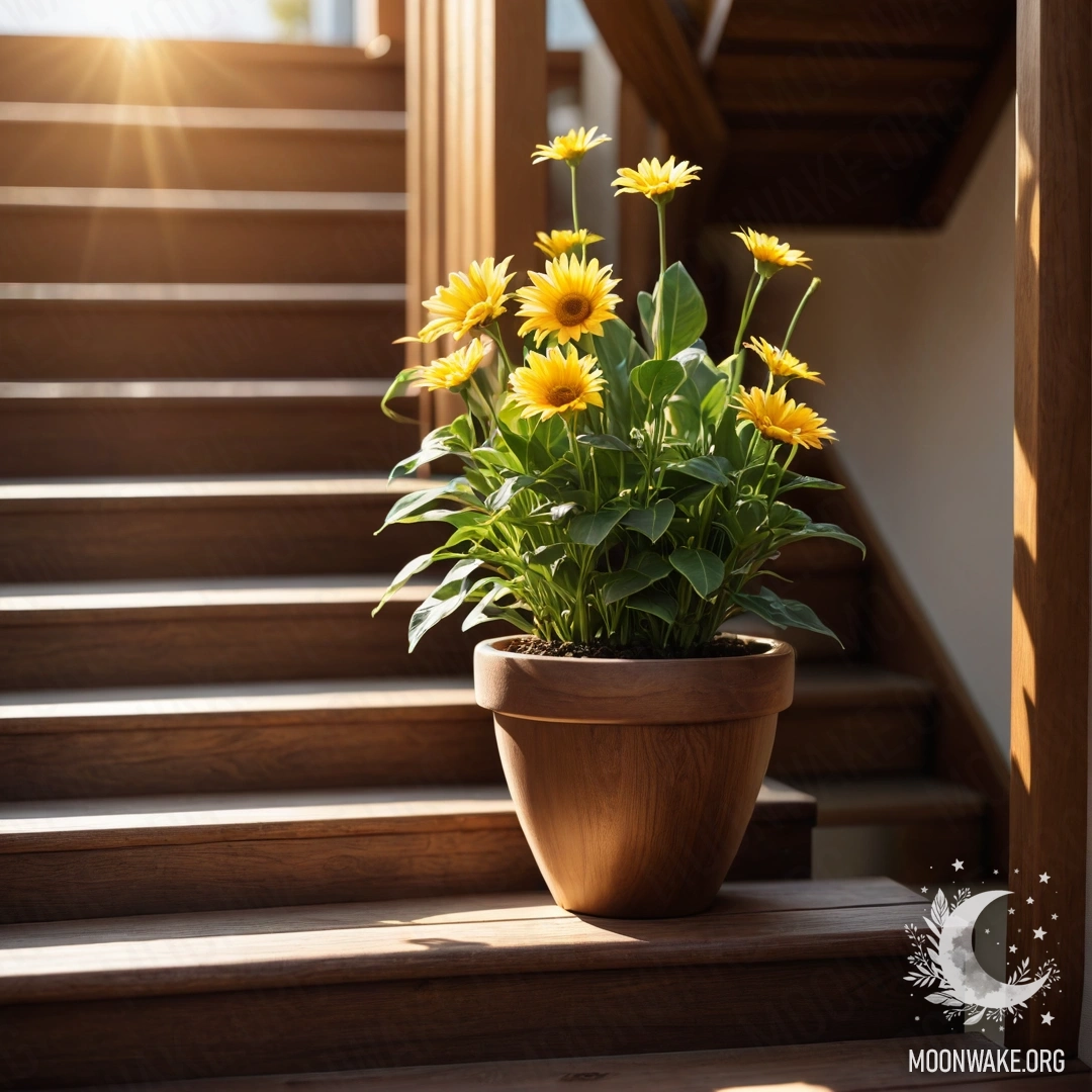 Abstract Floral Serenity on Wooden Stairs A photorealistic depiction of flowerpots on a wooden staircase illuminated by sun rays.