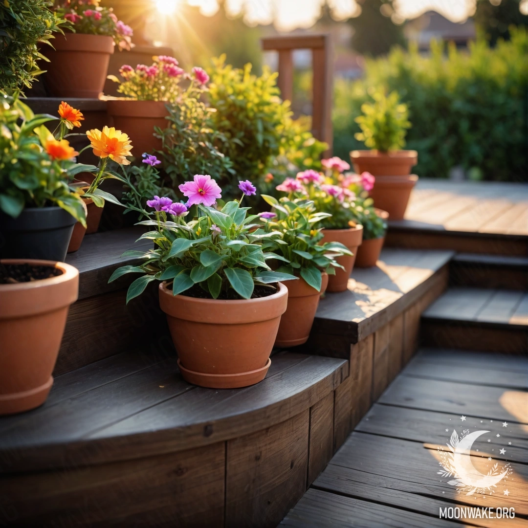 Abstract Flowerpots on Wooden Staircase at Sunset Colorful flowerpots arranged on a wooden staircase during sunset.