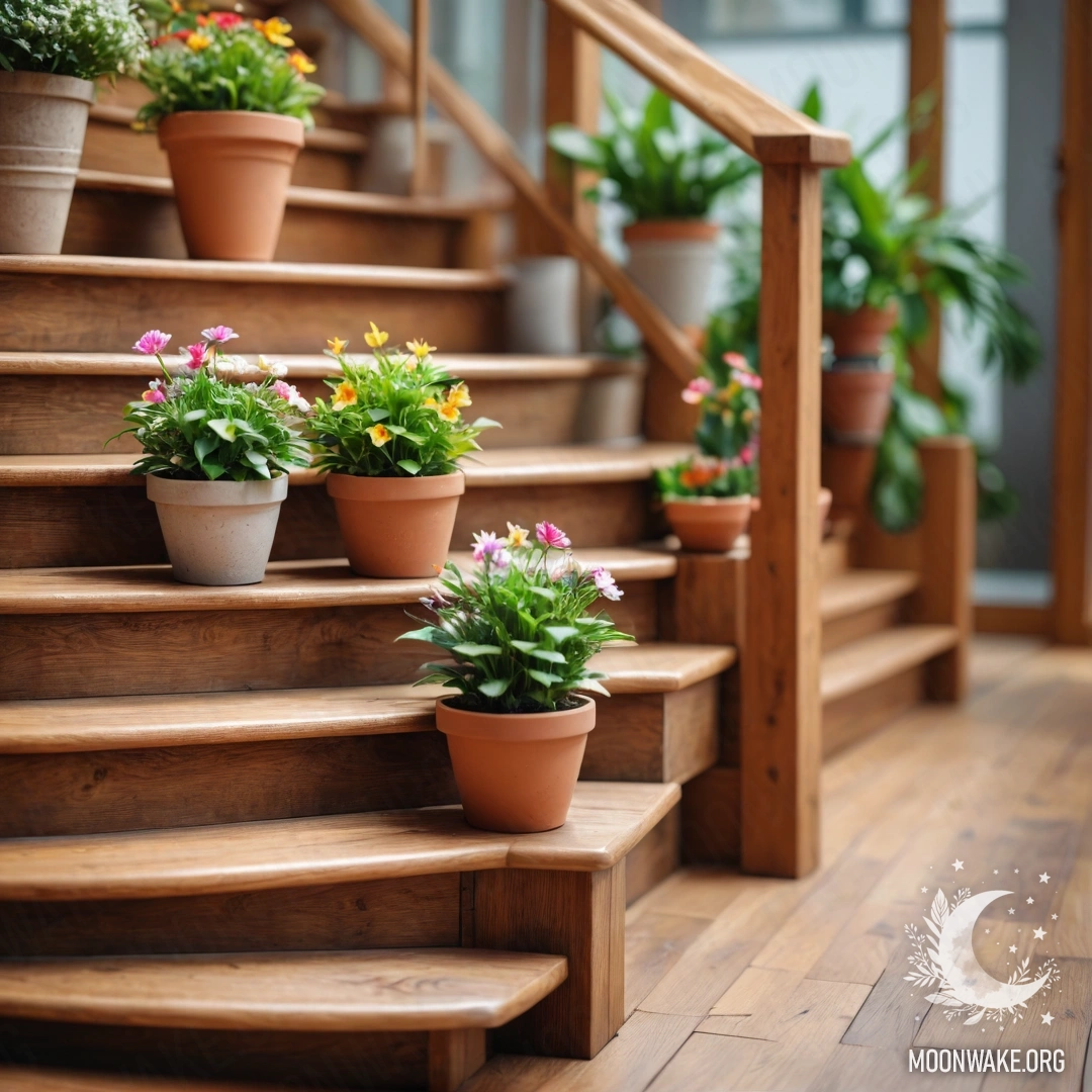 Abstract Flowerpots on Wooden Staircase Photorealistic image of flowerpots with lenses placed on a wooden staircase.