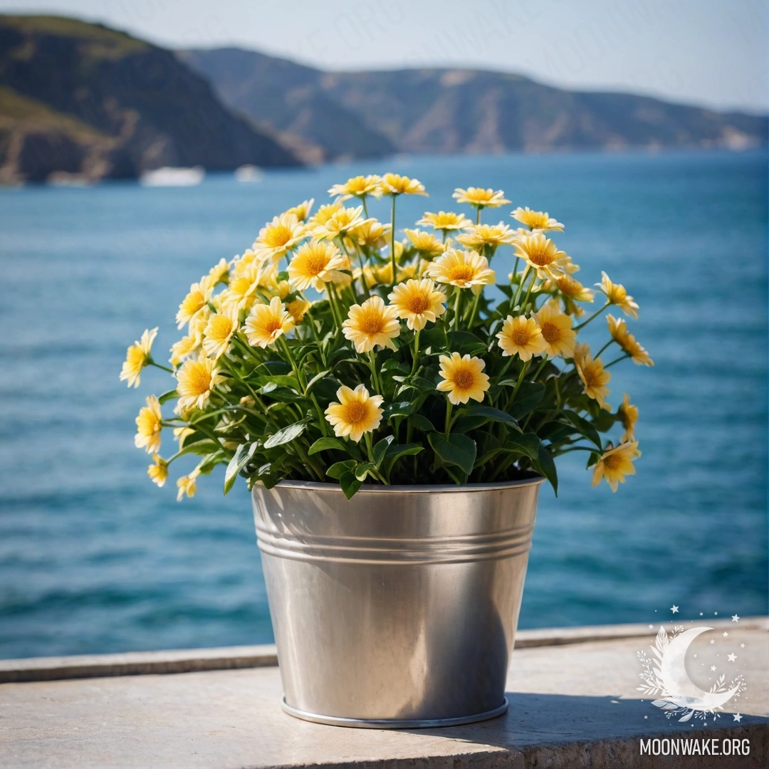 Abstract Flowers in Bucket by the Sea Abstract flowers in a metal bucket against a bokeh sea background.