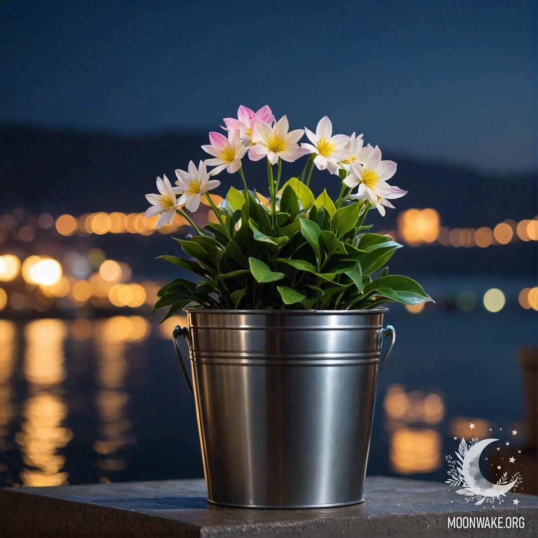 A metal flowerpot shaped like a small bucket holds abstract flowers against a blurred seaside background at night.