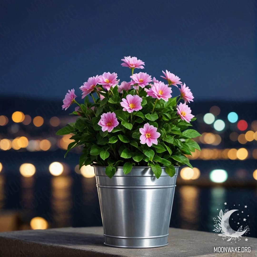 A small bucket-shaped metal flowerpot filled with abstract flowers, set against a blurred night sea background.