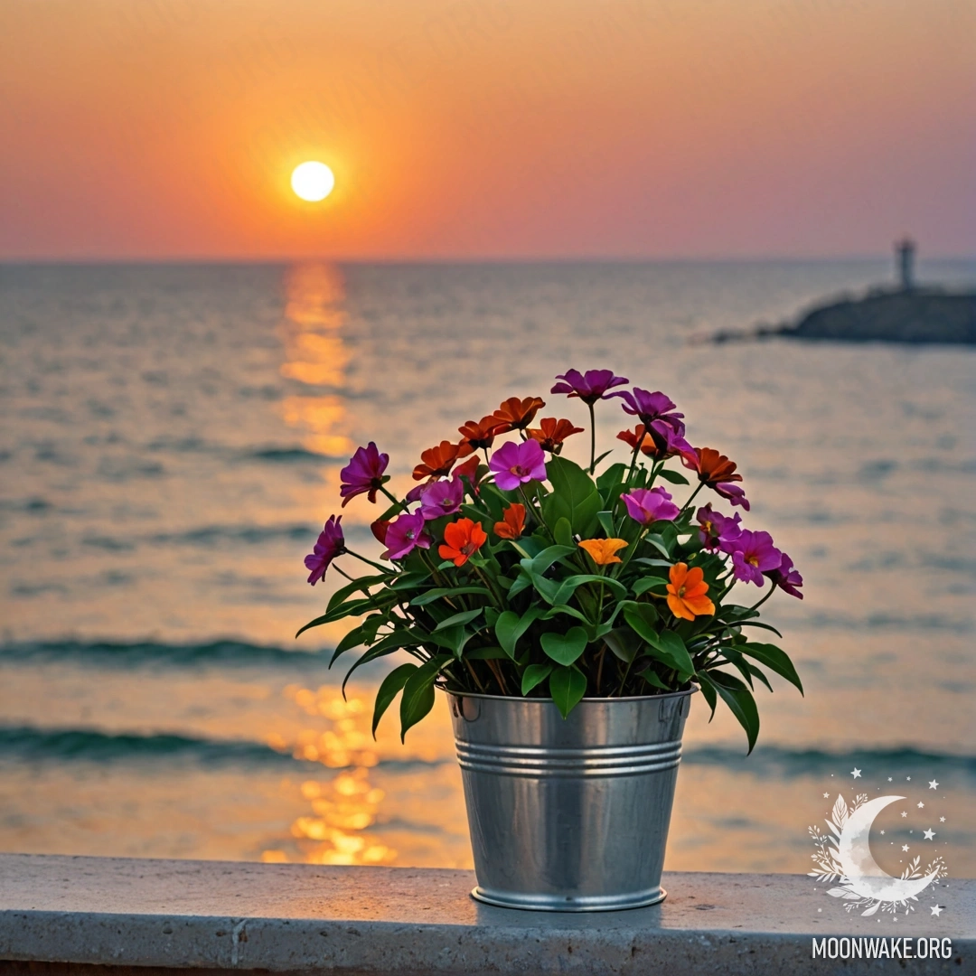 Abstract flowers arranged in a metal bucket with a seaside sunset background.