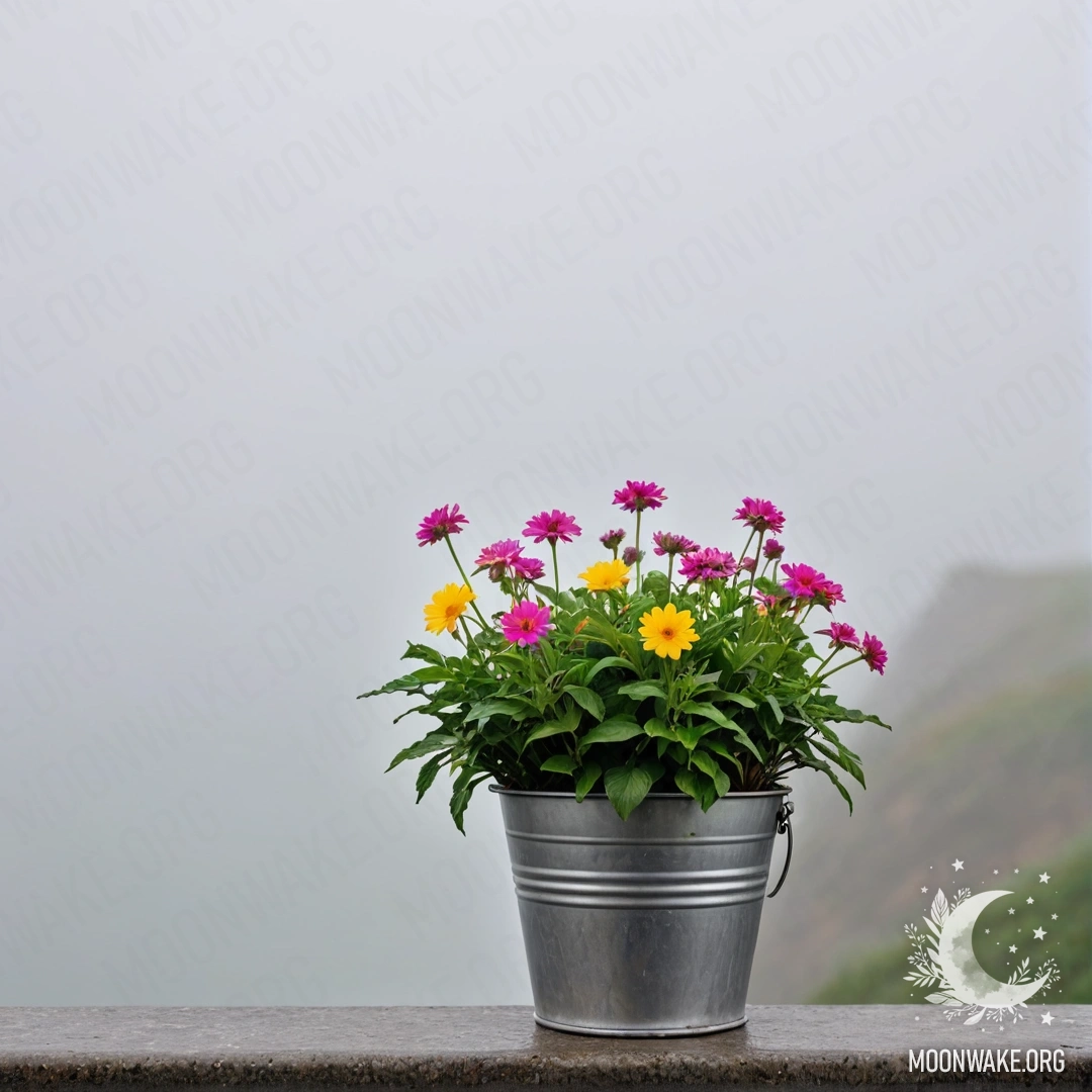 A vibrant arrangement of abstract flowers in a small metal bucket, set against a blurred seaside background enveloped in mist.