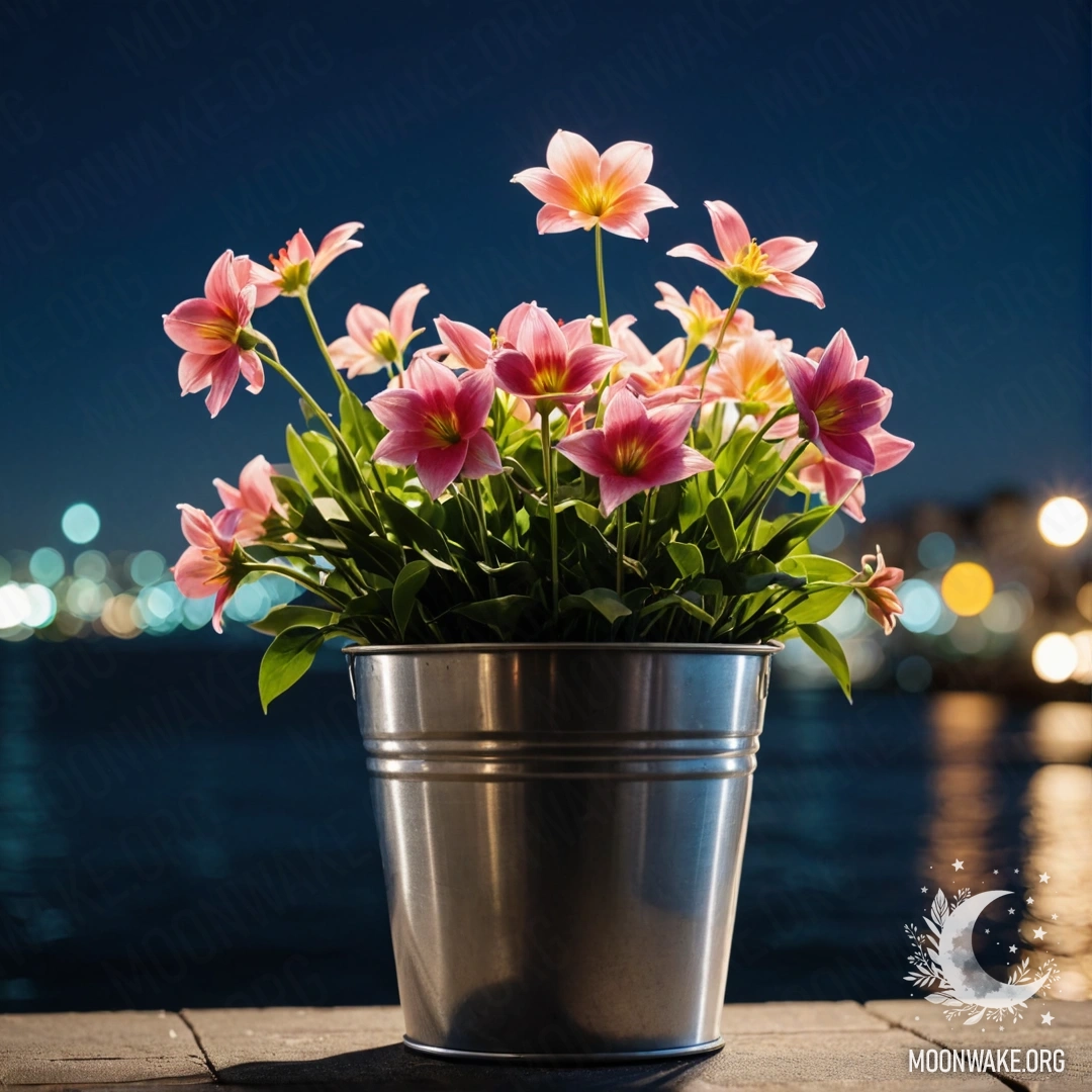 Abstract Flowers in Metal Pot by the Sea at Night A small bucket-shaped metal flowerpot filled with abstract flowers set against a bokeh background of the sea at night.