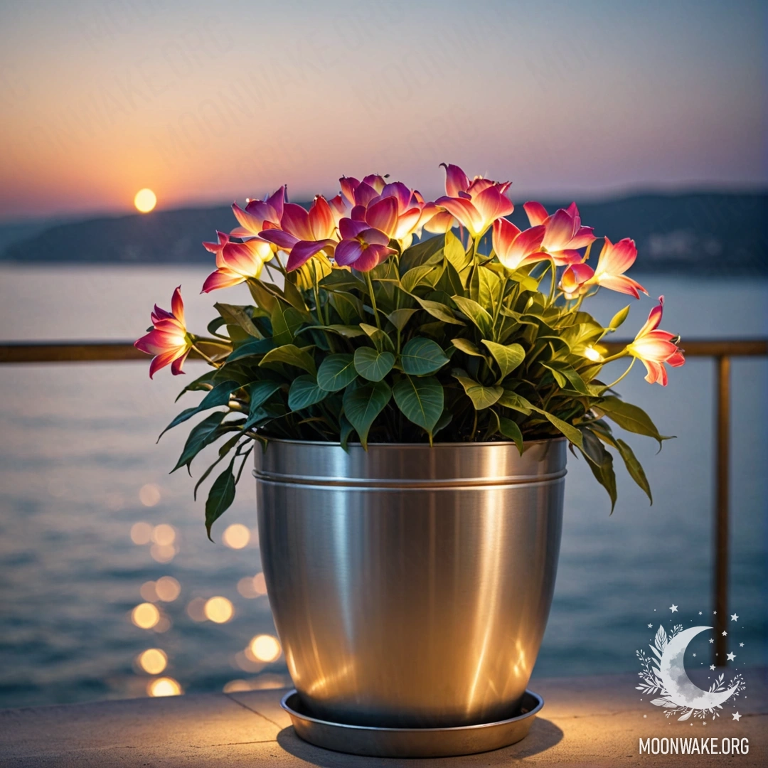 Photorealistic image of abstract flowers in a metal pot, set against a bokeh sea background illuminated by garland lights.