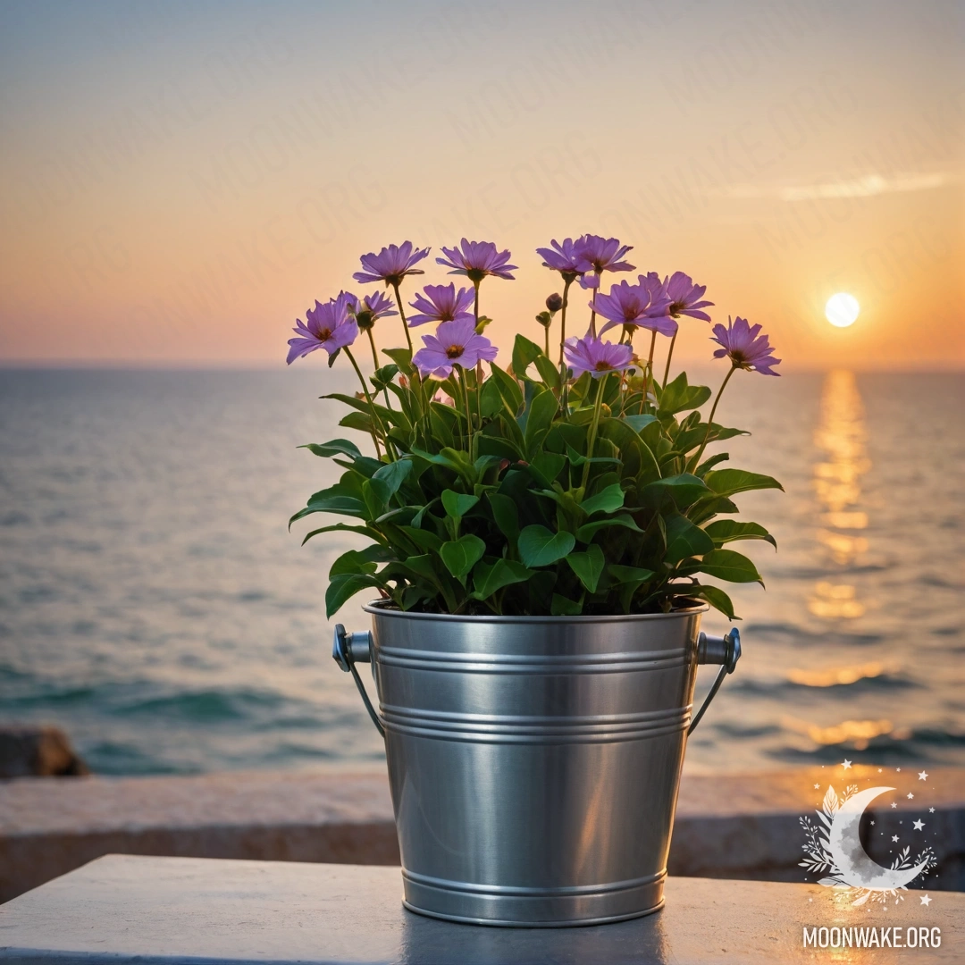 A small bucket-shaped metal flowerpot filled with abstract flowers against a bokeh sea background at sunset.