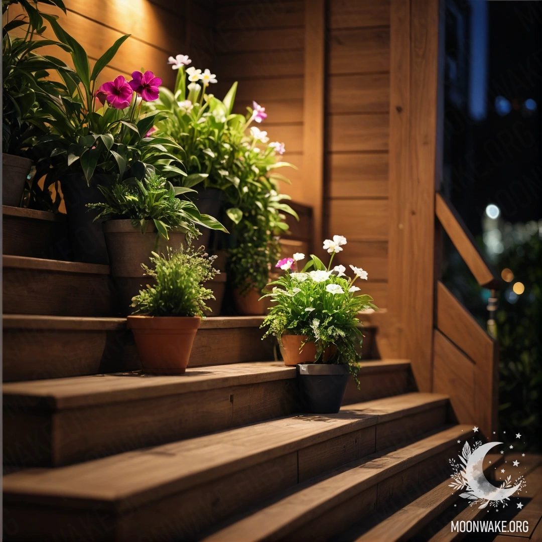 A wooden staircase at night adorned with flowerpots.
