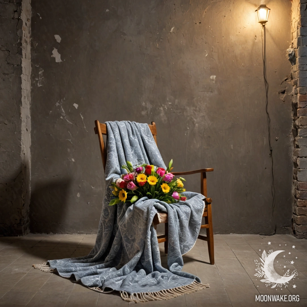 A photorealistic depiction of a chair with a blanket and a bouquet of flowers on it, set against a shabby wall at night.