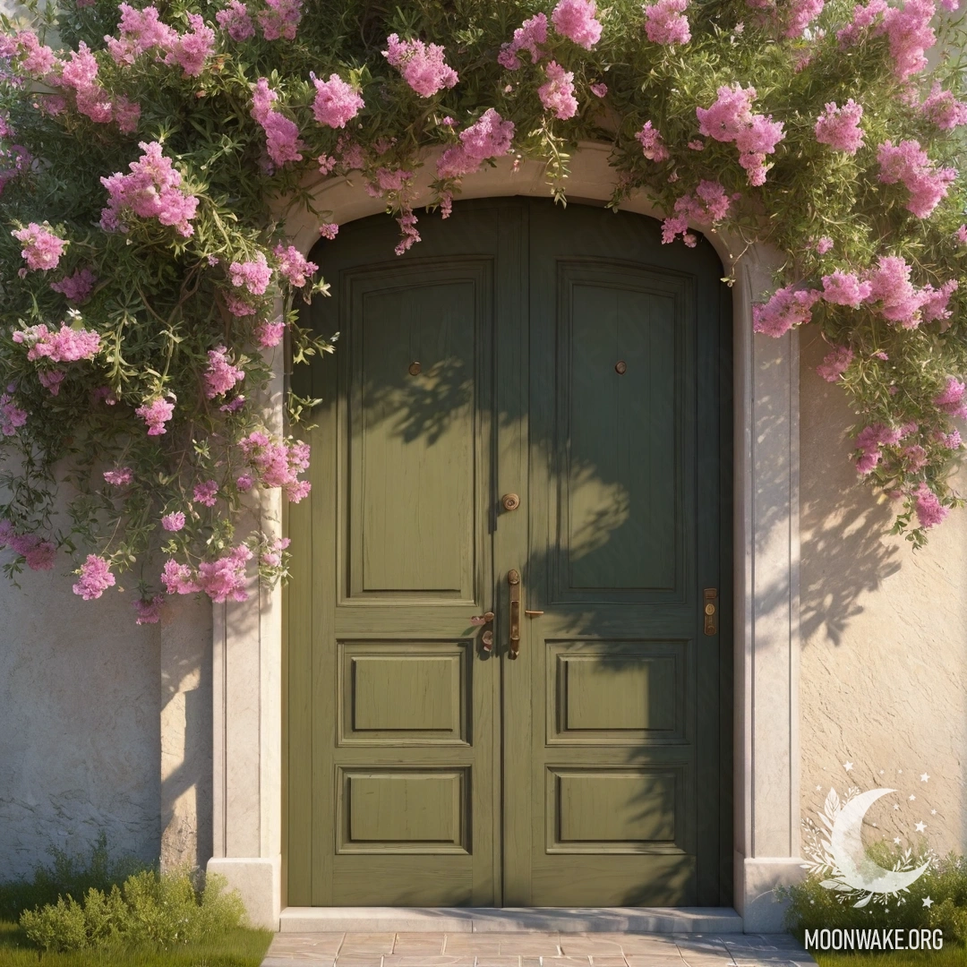 Abstract Olive Door with Blossoming Tree An abstract olive door below a tree adorned with pink flowers, illuminated by sun rays.