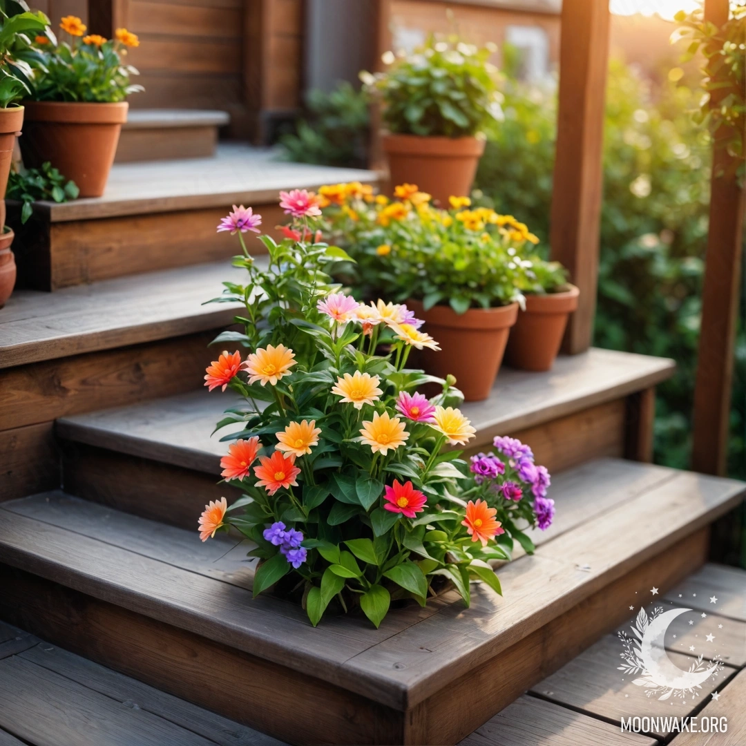 Serene Sunset on a Wooden Staircase A wooden staircase adorned with flowerpots at sunset.