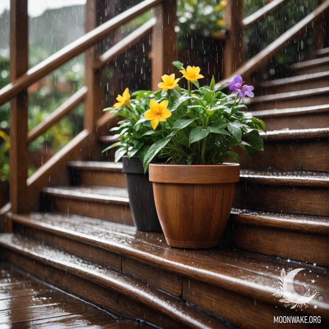 A photorealistic scene depicting flowerpots under the rain on a wooden staircase.