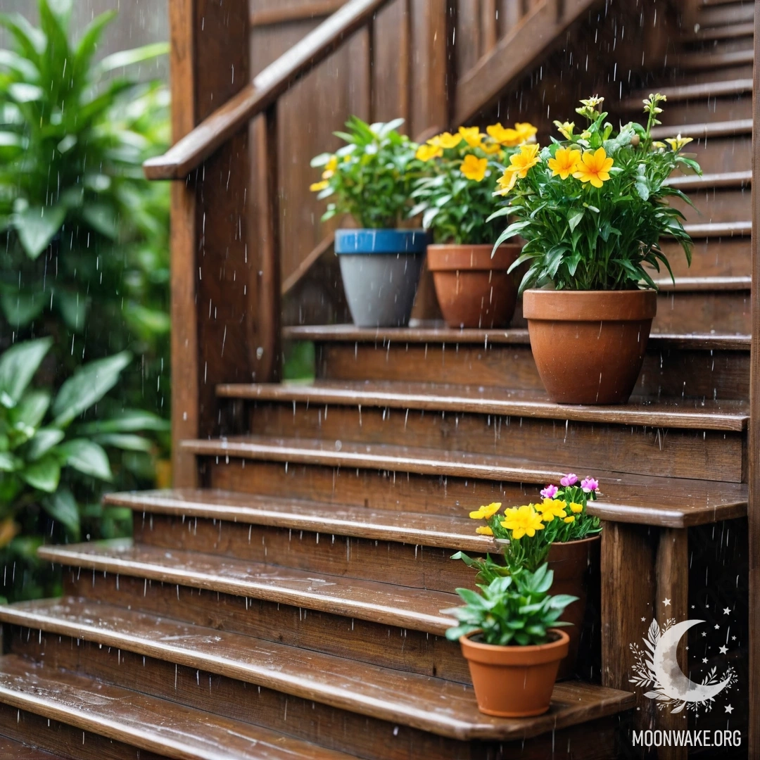 Abstract Rainy Flowerpots on Staircase Flowerpots sitting on a wooden staircase, gently touched by rain.
