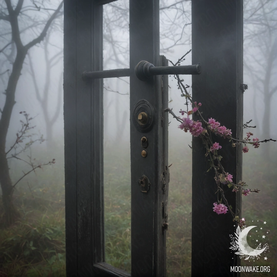 An abstract depiction of a shabby door adorned with twigs and flowers on the handle, surrounded by heavy mist.