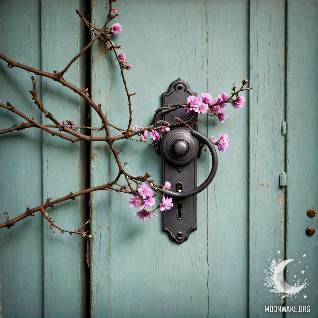 A photograph capturing a shabby door adorned with twigs and flowers on the handle.