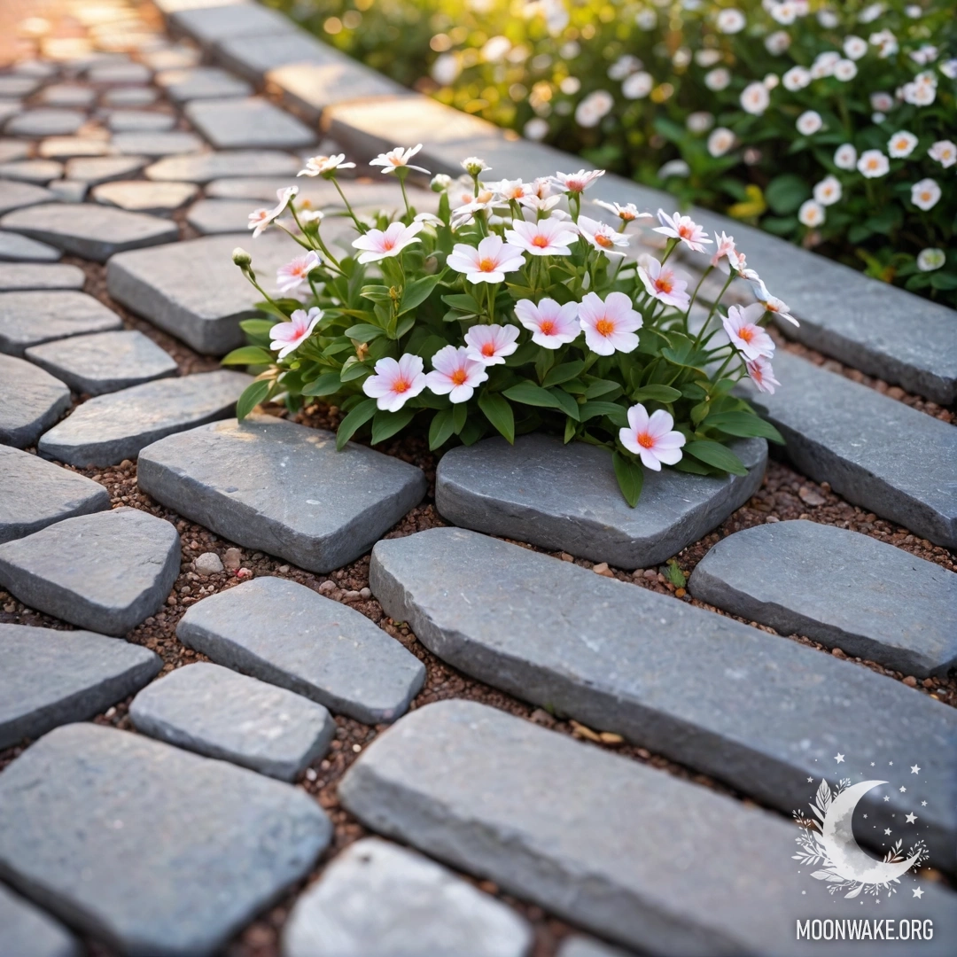A shabby stone curb with small white and pink flowers growing behind it during sunset.