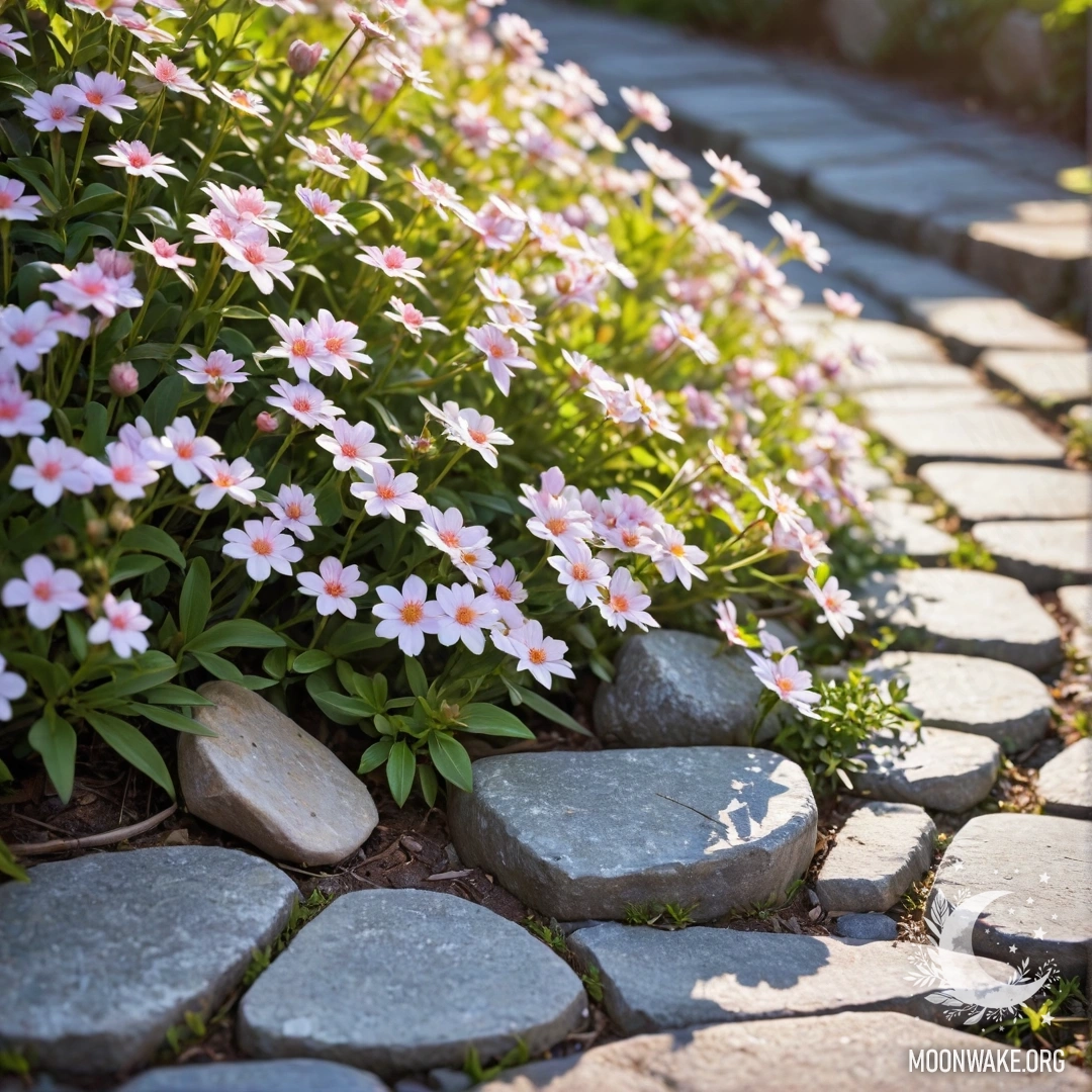 Abstract Stone Curb with Flowers An abstract image of a shabby stone curb with small white and pink flowers growing behind it, illuminated by sun rays.