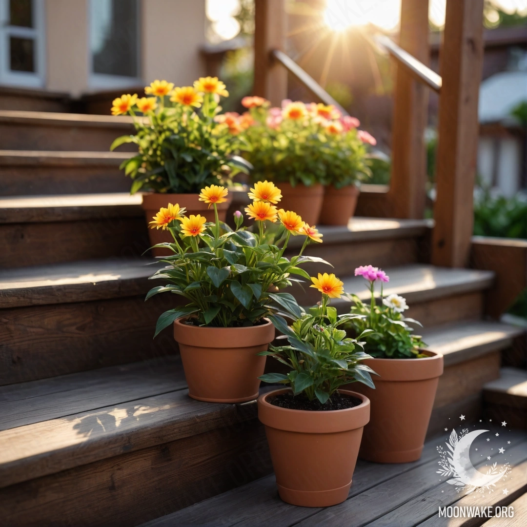 A wooden staircase adorned with flowerpots against a sunset backdrop.