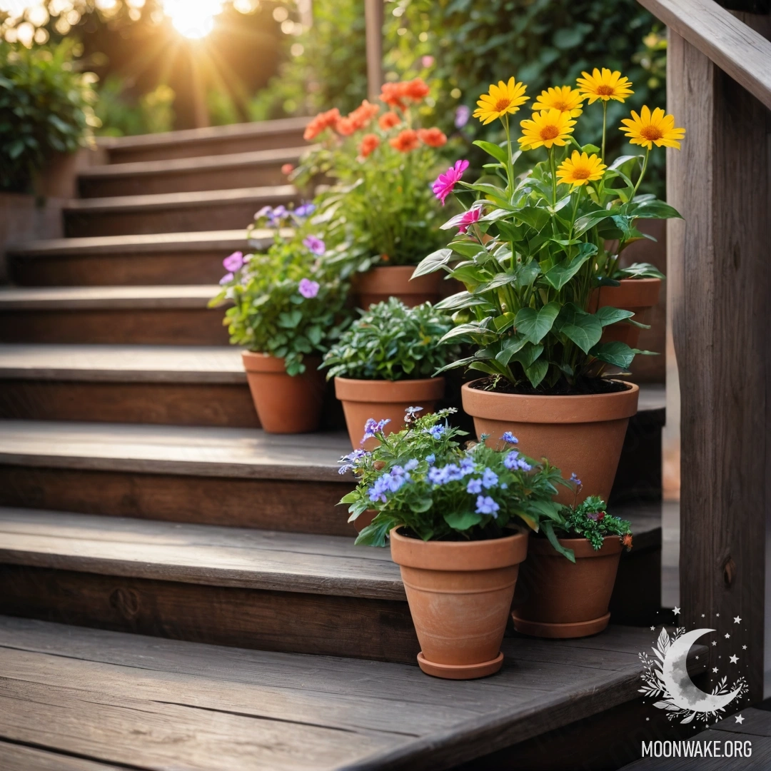 Abstract Sunset on Wooden Staircase with Flowerpots A wooden staircase adorned with flowerpots during sunset, showcasing vibrant colors.