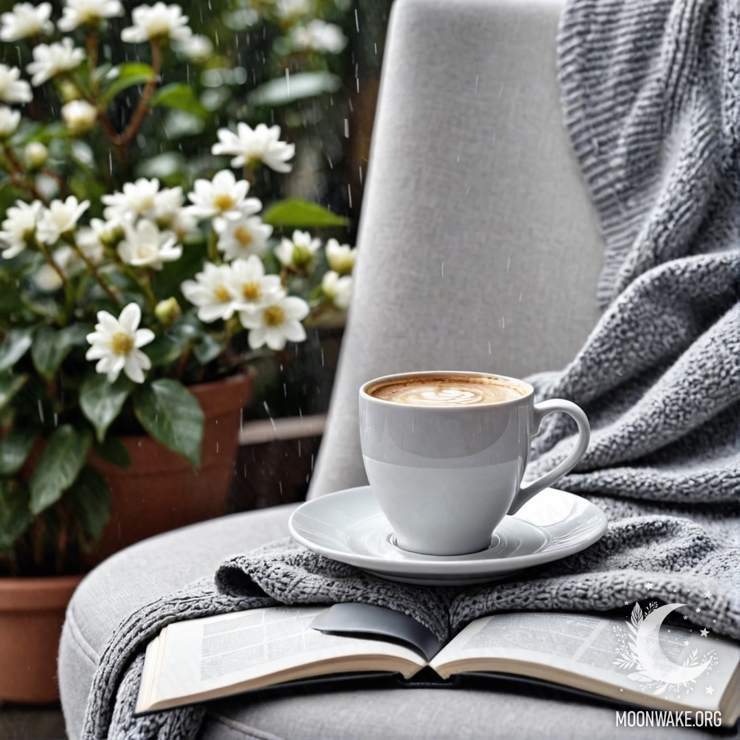 Close-up of an abstract white chair with a gray knitted blanket, a book, a branch with white flowers, and a white cup of coffee under the rain.