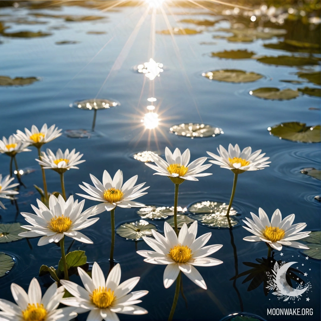Abstract composition of white flowers floating on water with sun rays.