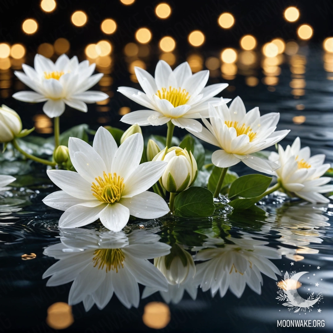 Abstract White Flowers on Water Surface A serene arrangement of white flowers floating on water with soft garland lights in the background.