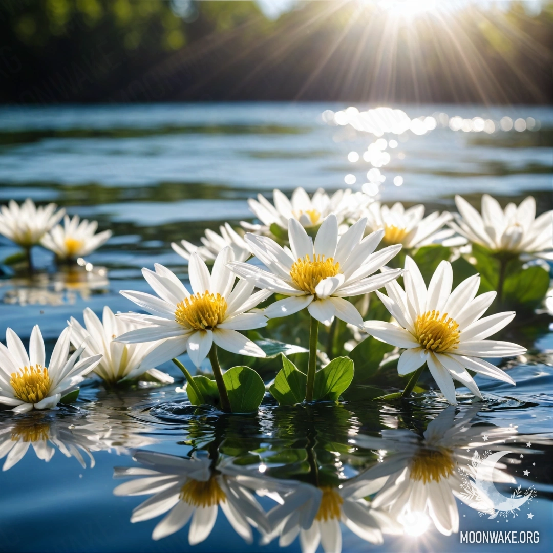 Abstract White Flowers on Water Surface An image of abstract white flowers floating on a calm water surface illuminated by sun rays.