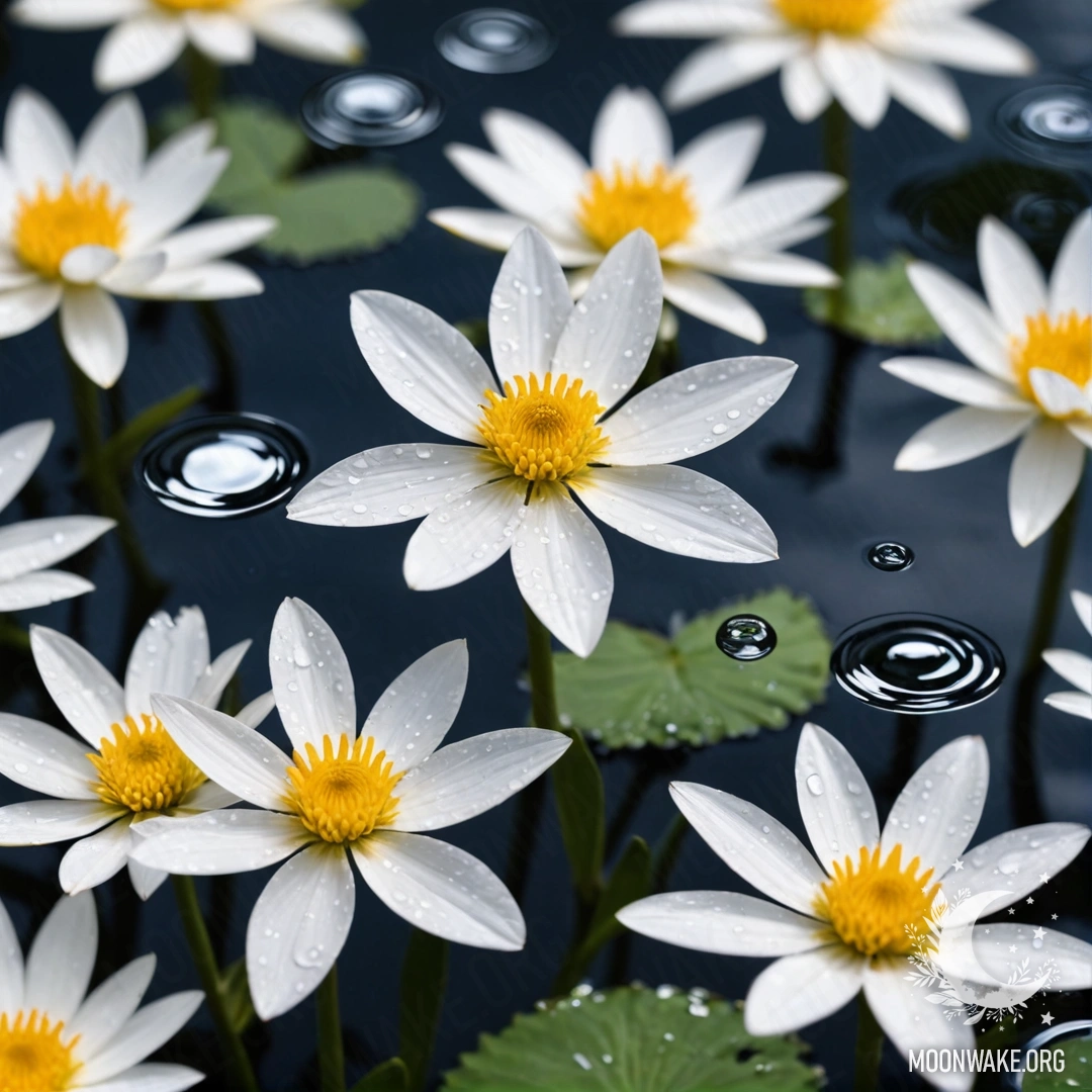 Abstract White Flowers on Water Surface Abstract white flowers floating on a serene water surface, captured with a lens.