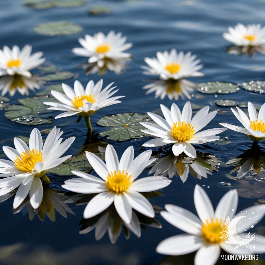 A serene image of delicate white flowers floating on a calm water surface, captured through a soft lens.