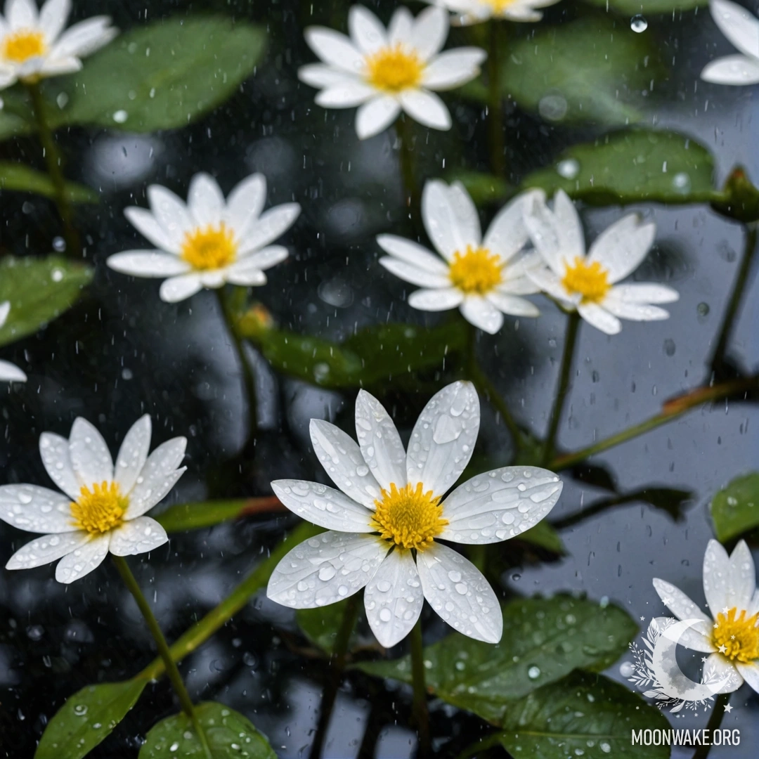 Abstract White Flowers on Water Under Rain Abstract composition of white flowers floating on a water surface, illuminated by raindrops.