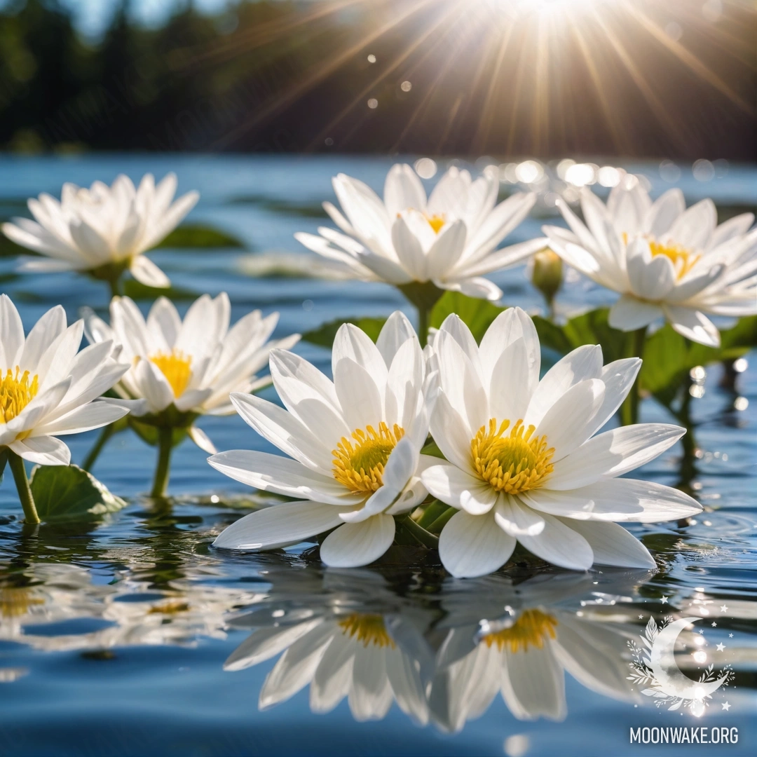 Abstract White Flowers on Water Photorealistic image of abstract white flowers floating on a calm water surface, illuminated by soft sun rays.