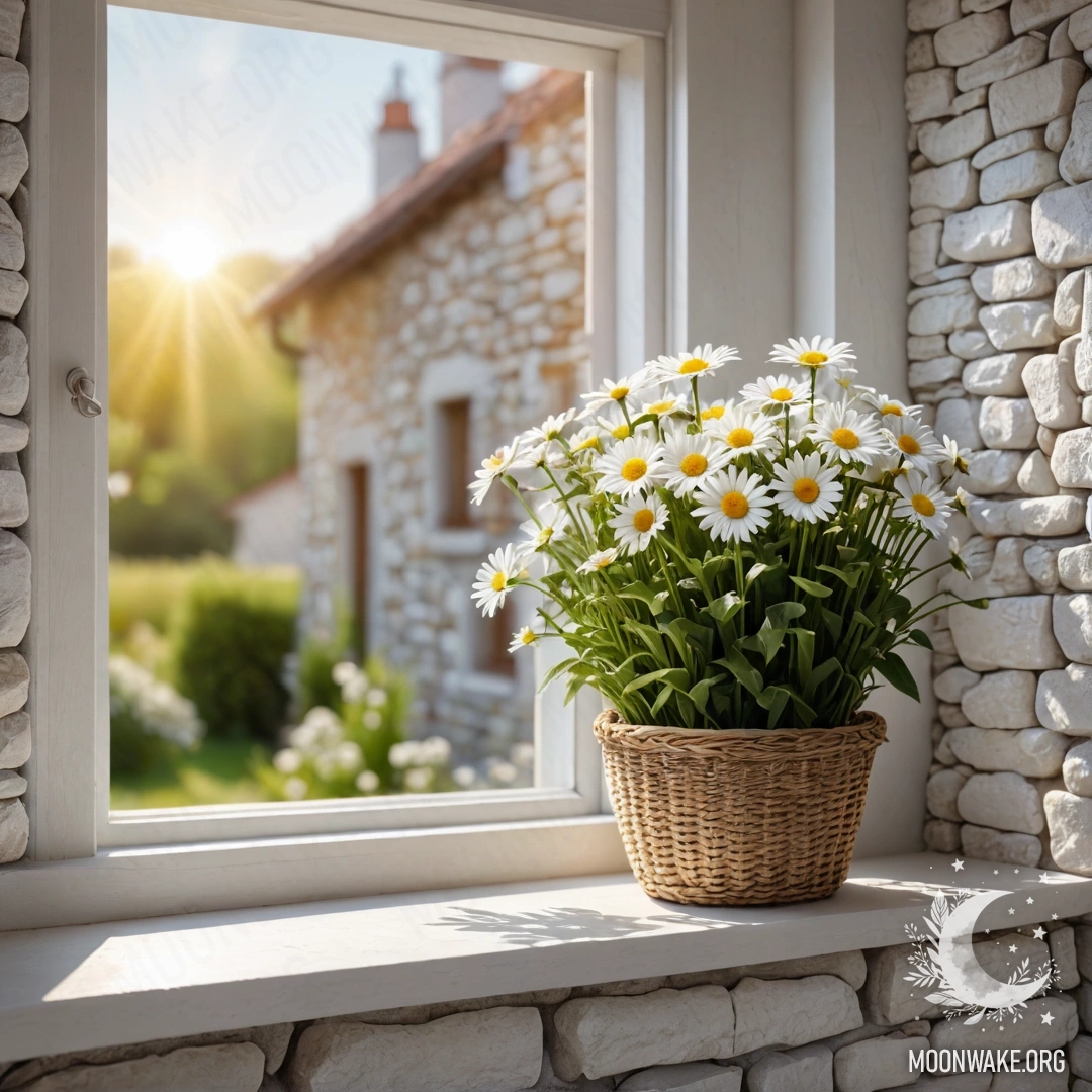 A bright and airy room with an open window, white stone wall, and a basket of daisies on the windowsill glowing in sunlight.