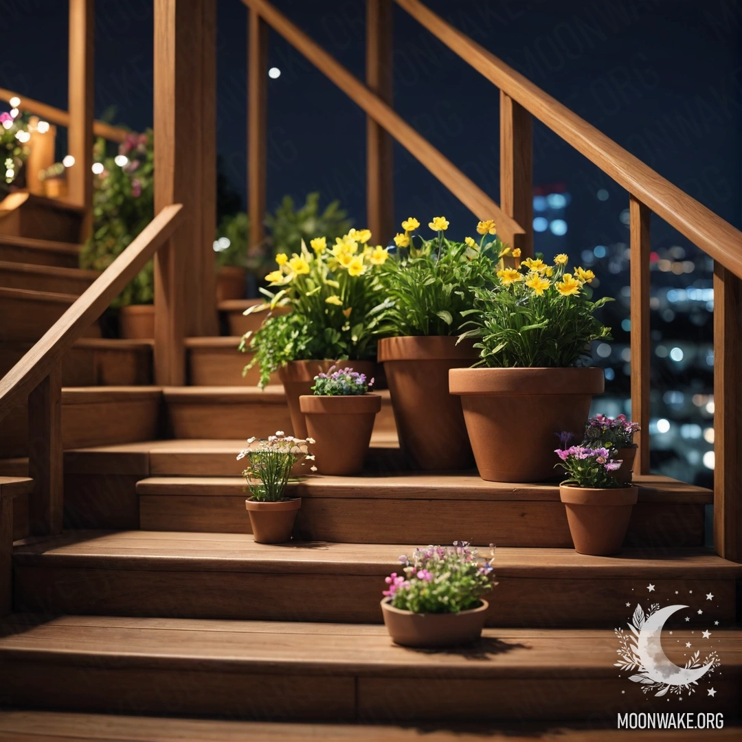 A photorealistic depiction of a wooden staircase adorned with flowerpots at night.