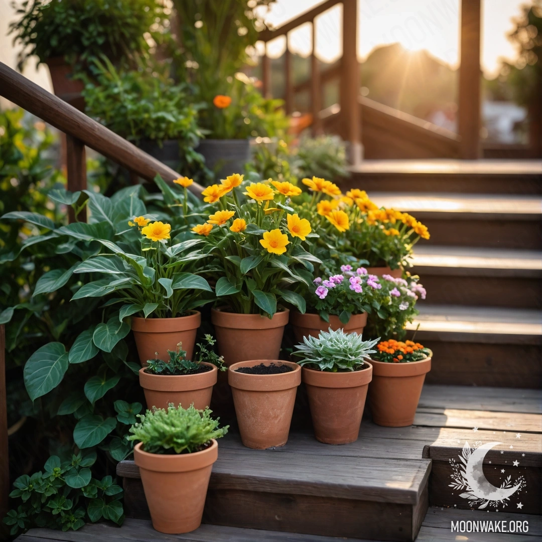 A wooden staircase adorned with flower pots under a sunset sky.