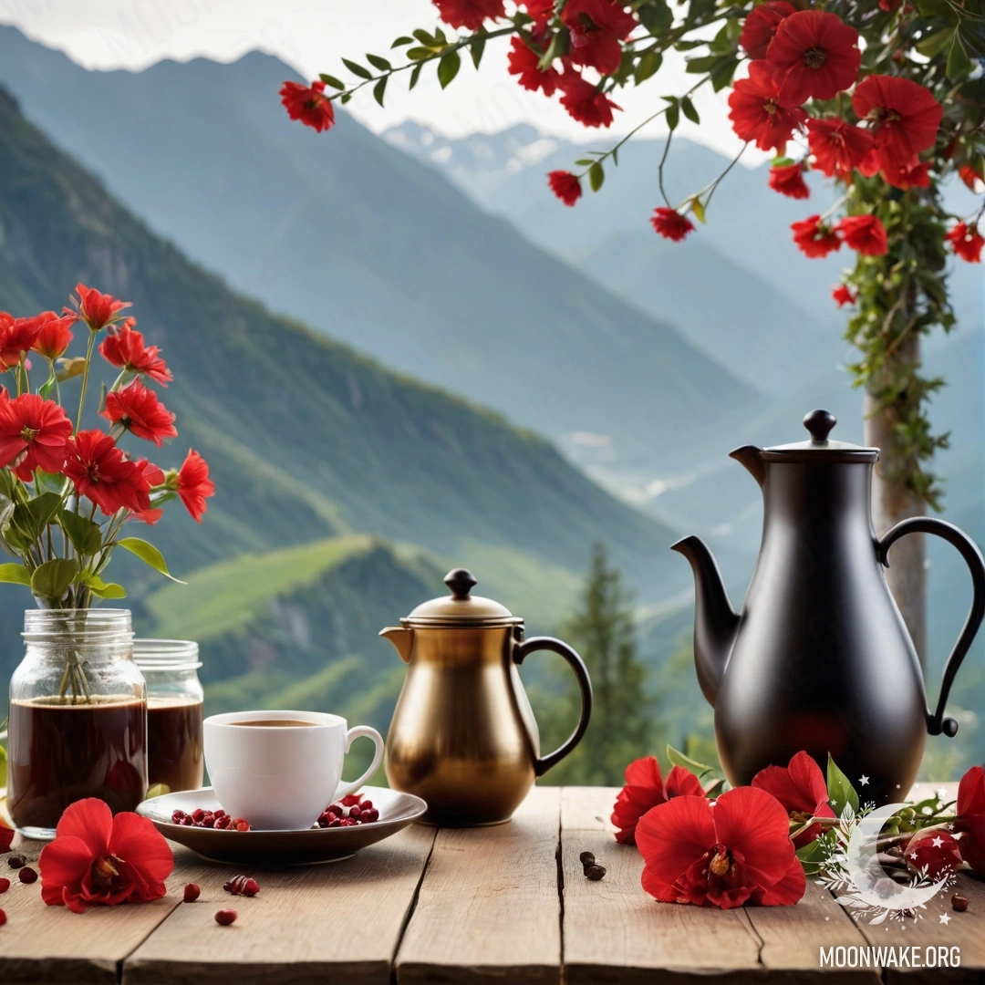 An abstract wooden table set against majestic mountains, adorned with a jar of red flowers, a coffee pot, and cups, illuminated by soft garland lights.