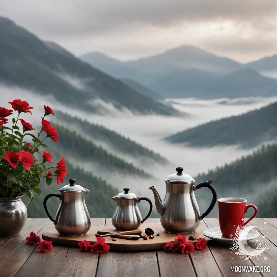 An abstract wooden table in a misty mountain setting, featuring a jar of red flowers and a coffee pot with cups.