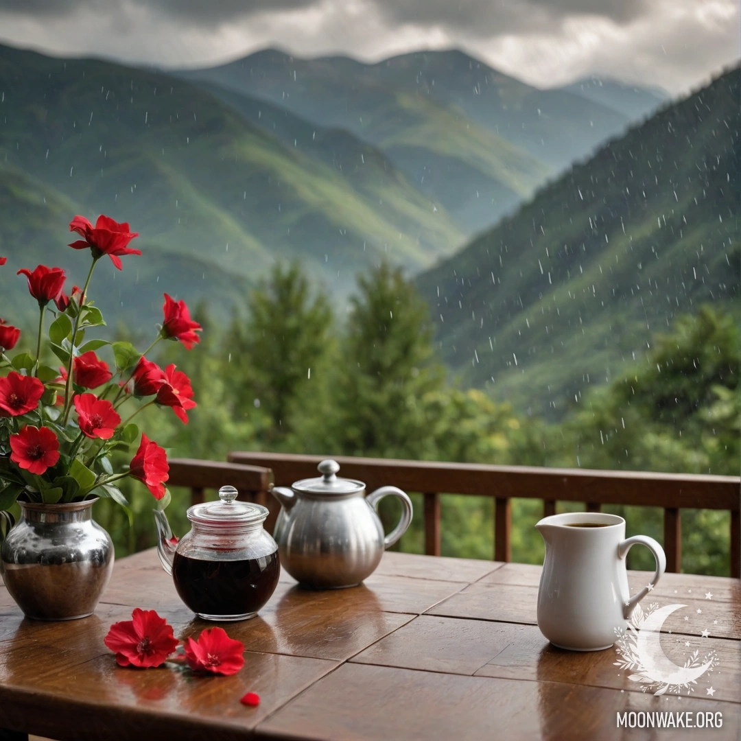 Tranquil Mountain Scene with Red Flowers and Coffee Set An abstract wooden table with a jar of red flowers, a coffee pot, and cups, set against a mountain background in the rain.
