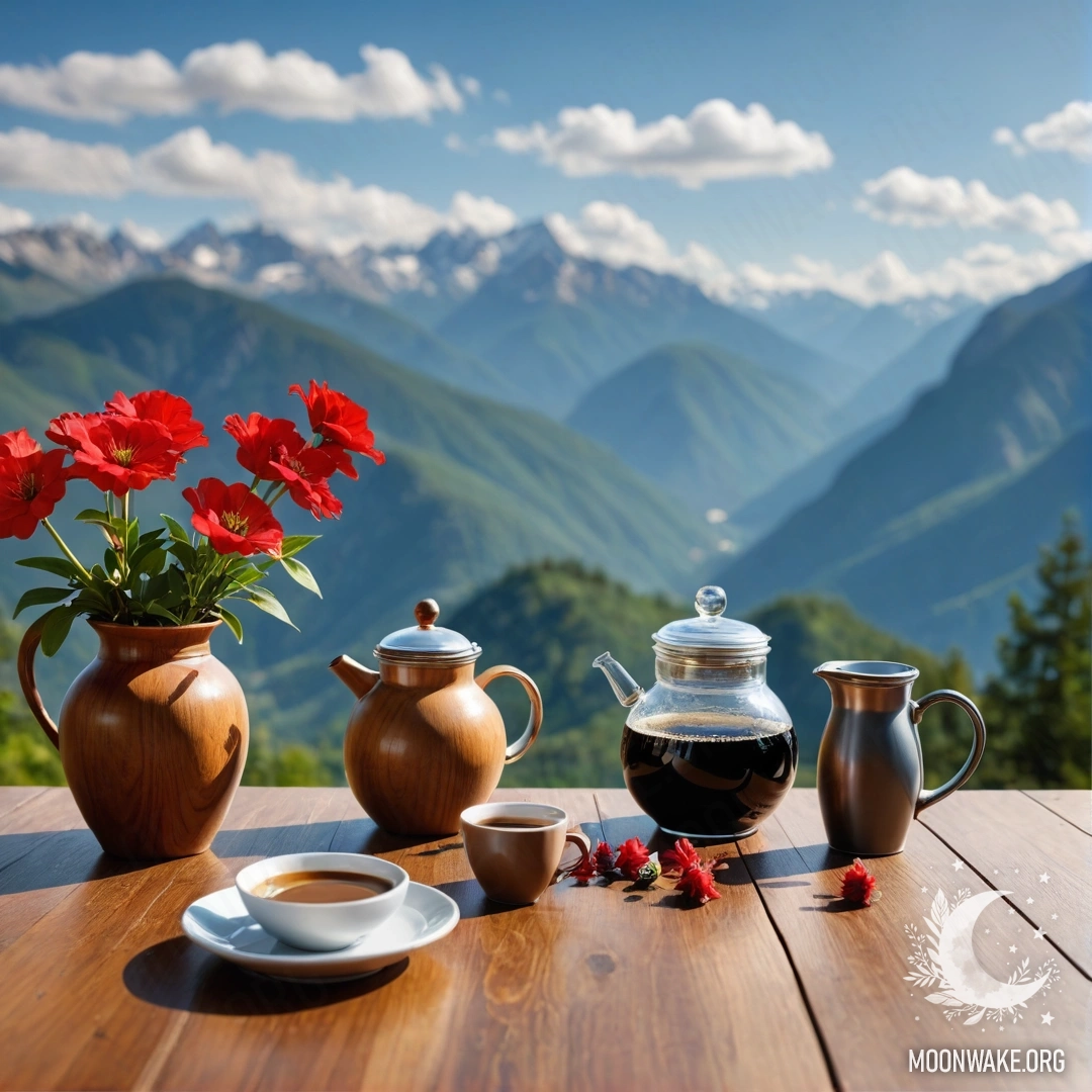 An abstract wooden table set against a mountainous backdrop, featuring a jar of red flowers and a coffee pot with cups.