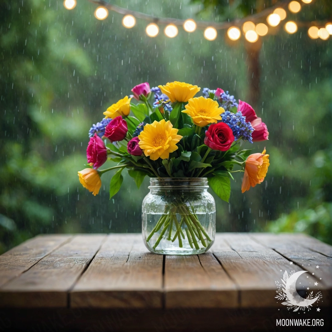 Aesthetic Bouquet on Rustic Table A rustic wooden table with a jar of flowers, soft bokeh from a light garland in the background, and raindrops.